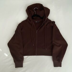 ZARA Cropped Zip-Up Sweatshirt in Chocolate Brown, Size S